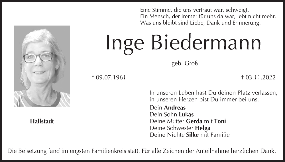  Traueranzeige für Inge Biedermann vom 16.11.2022 aus MGO
