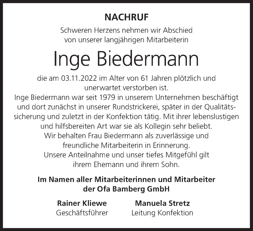  Traueranzeige für Inge Biedermann vom 15.11.2022 aus MGO