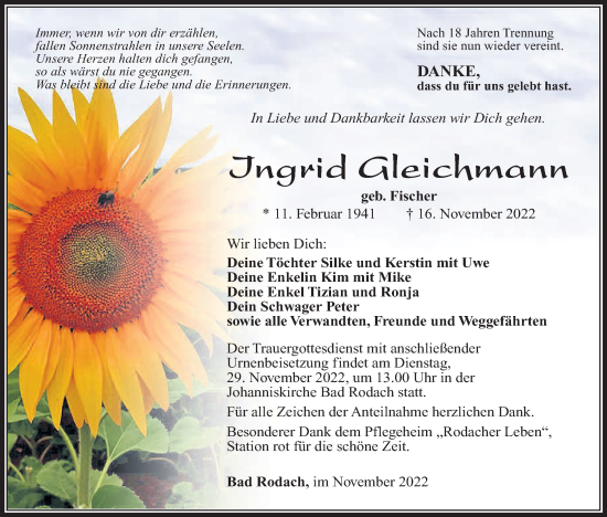 Anzeige von Ingrid Gleichmann von MGO