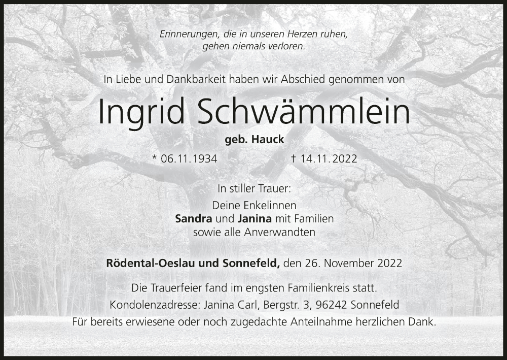  Traueranzeige für Ingrid Schwämmlein vom 26.11.2022 aus MGO