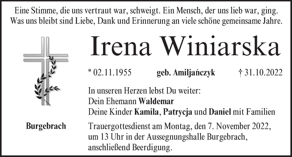  Traueranzeige für Irena Winiarska vom 03.11.2022 aus MGO