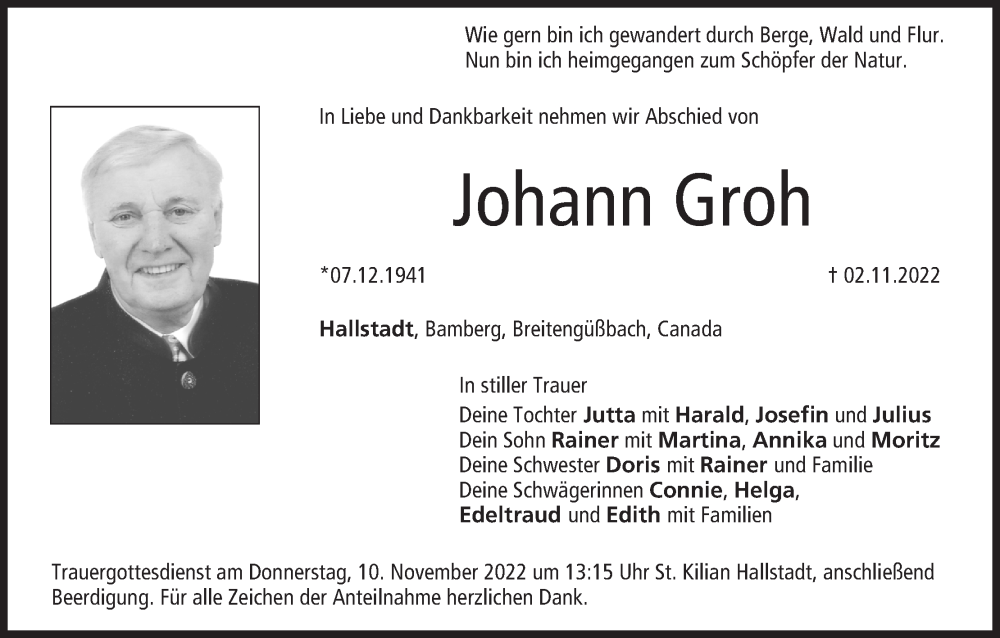  Traueranzeige für Johann Groh vom 05.11.2022 aus MGO