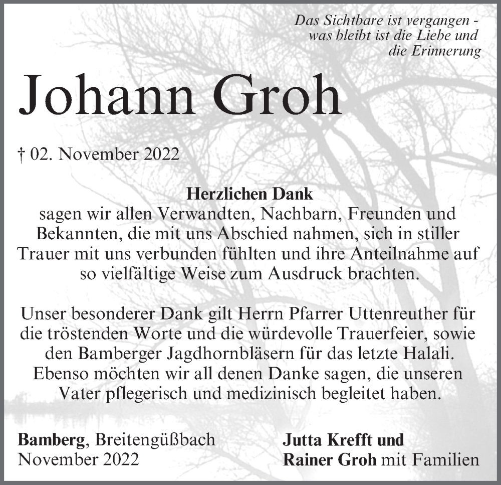  Traueranzeige für Johann Groh vom 19.11.2022 aus MGO