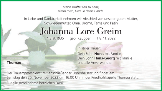Anzeige von Johanna Lore Greim von MGO