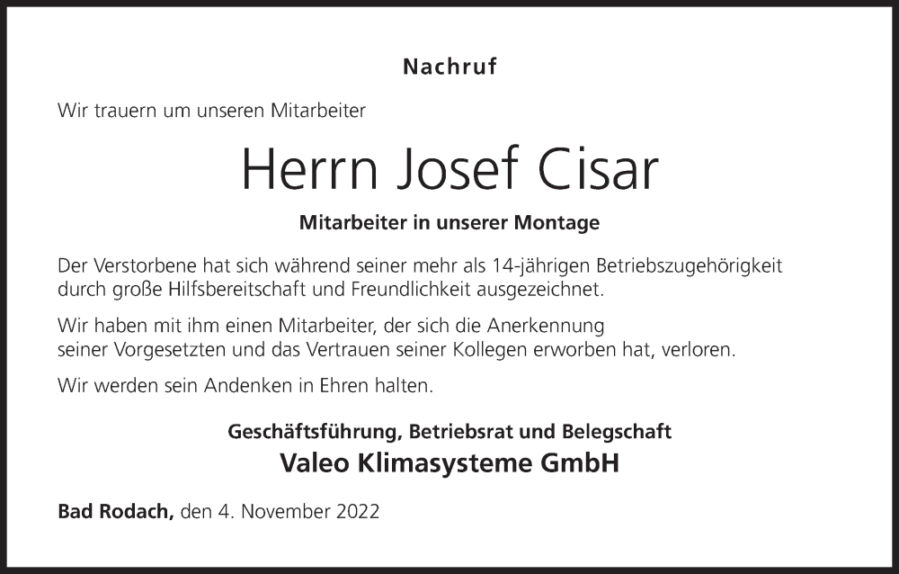  Traueranzeige für Josef Cisar vom 04.11.2022 aus MGO
