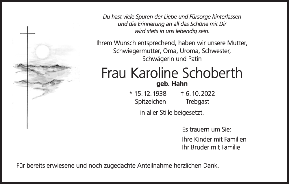  Traueranzeige für Karoline Schoberth vom 26.11.2022 aus MGO