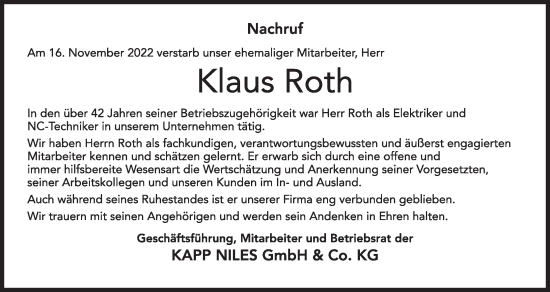 Anzeige von Klaus Roth von MGO