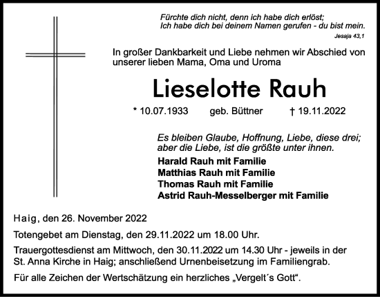 Anzeige von Lieselotte Rauh von MGO