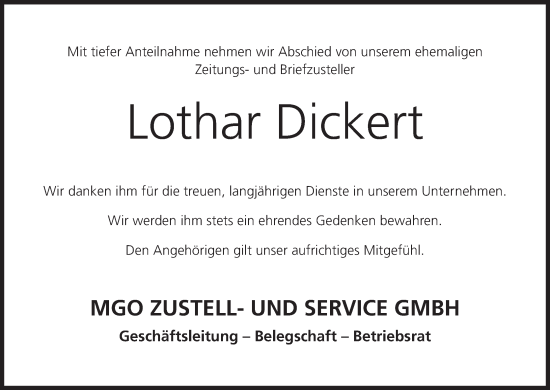 Anzeige von Lothar Dickert von MGO