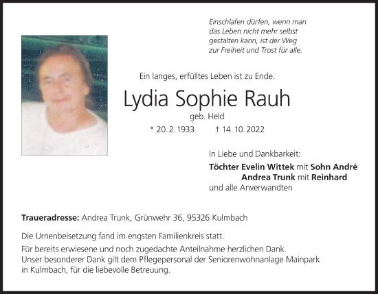 Anzeige von Lydia Sophie Rauh von MGO