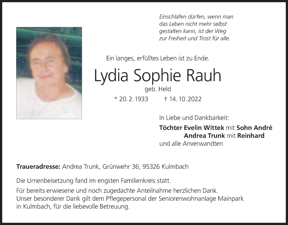  Traueranzeige für Lydia Sophie Rauh vom 16.11.2022 aus MGO