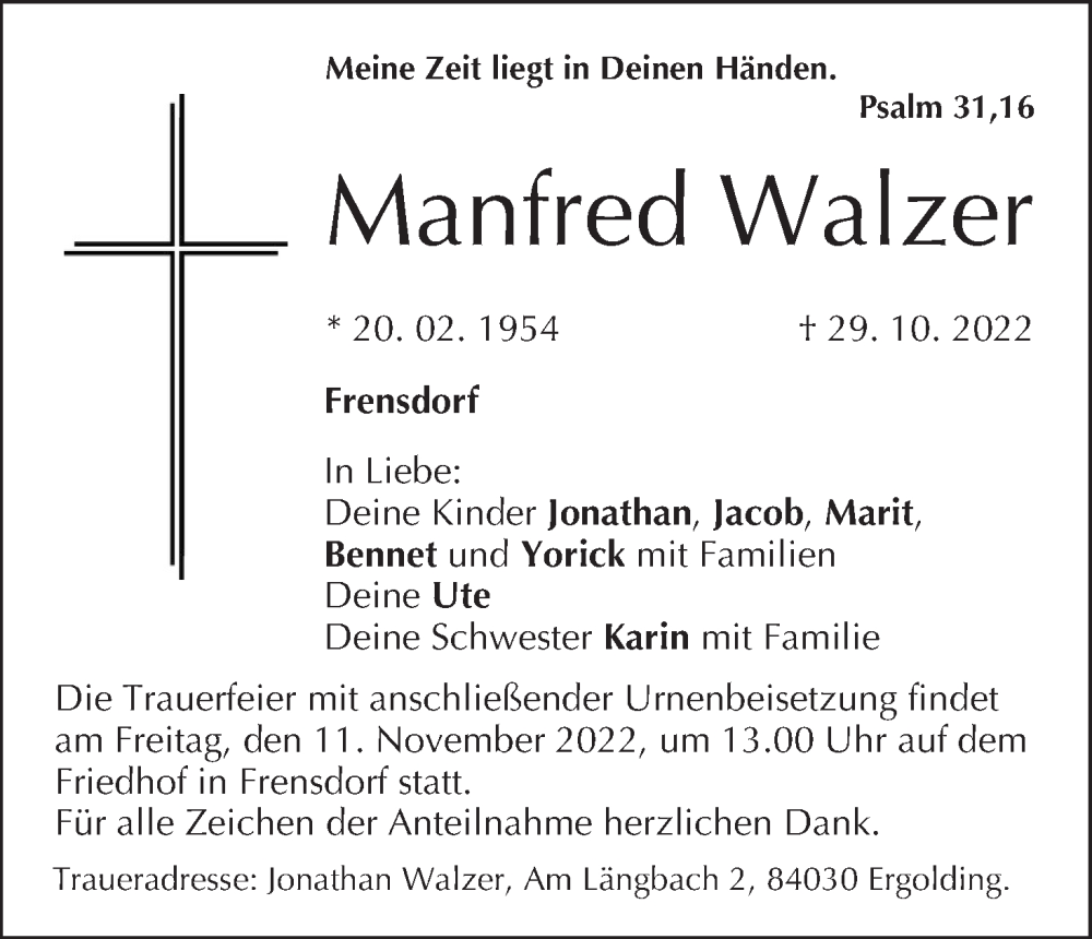  Traueranzeige für Manfred Walzer vom 05.11.2022 aus MGO