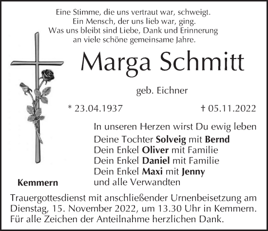 Anzeige von Marga Schmitt von MGO