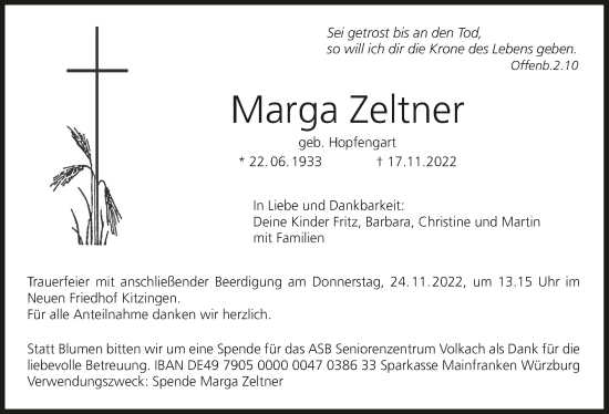 Anzeige von Marga Zeltner von MGO