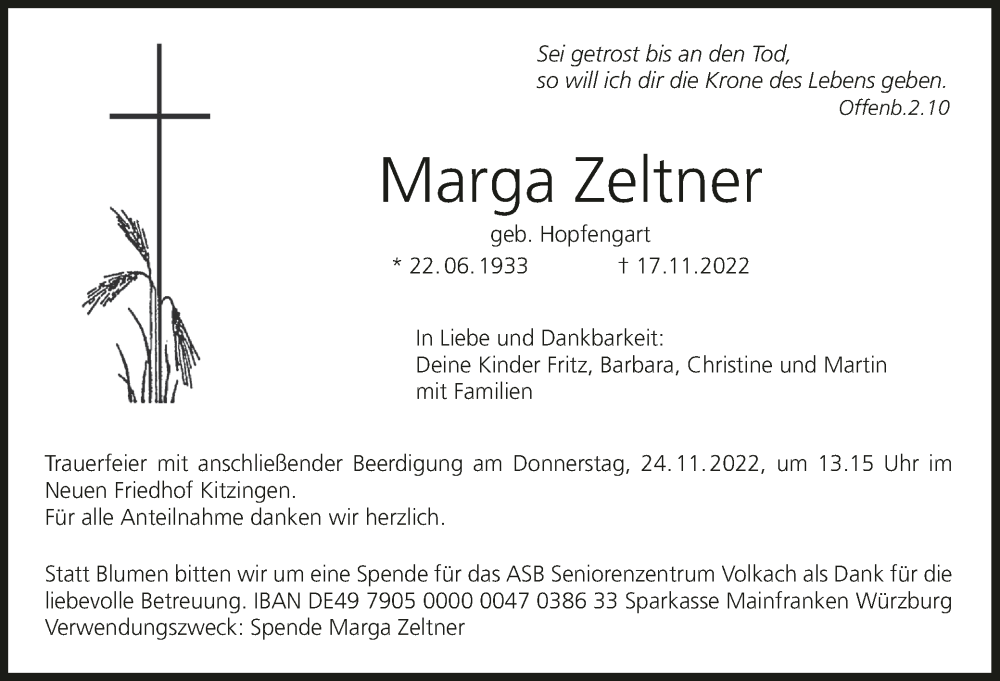  Traueranzeige für Marga Zeltner vom 22.11.2022 aus MGO