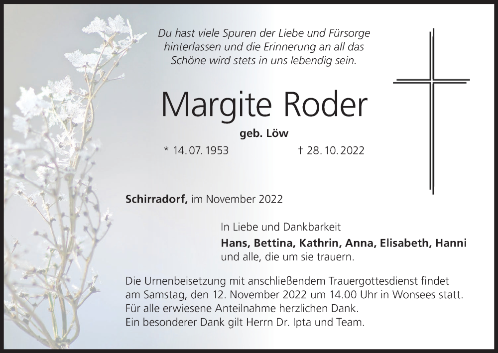  Traueranzeige für Margite Roder vom 05.11.2022 aus MGO