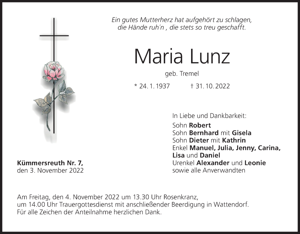 Traueranzeige für Maria Lunz vom 03.11.2022 aus MGO