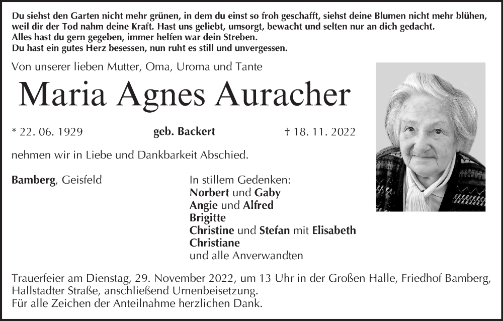  Traueranzeige für Maria Agnes Auracher vom 26.11.2022 aus MGO