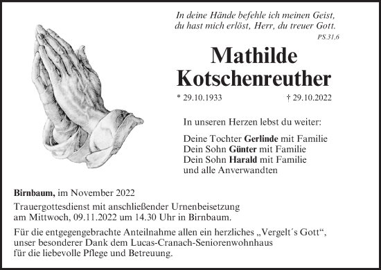 Anzeige von Mathilde Kotschenreuther von MGO