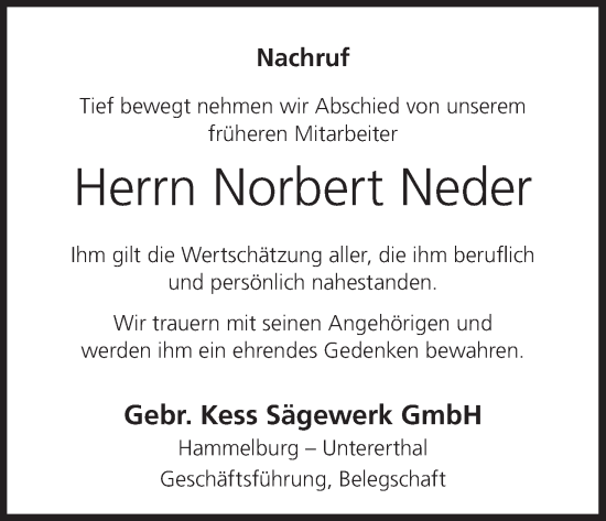 Anzeige von Norbert Neder von MGO