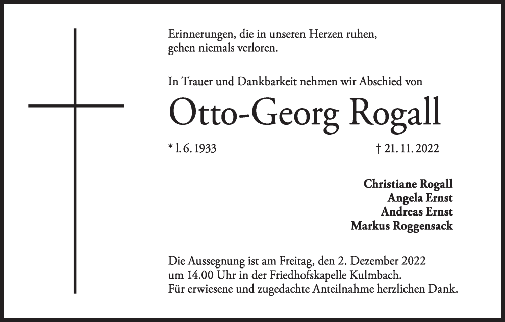  Traueranzeige für Otto-Georg Rogall vom 29.11.2022 aus MGO