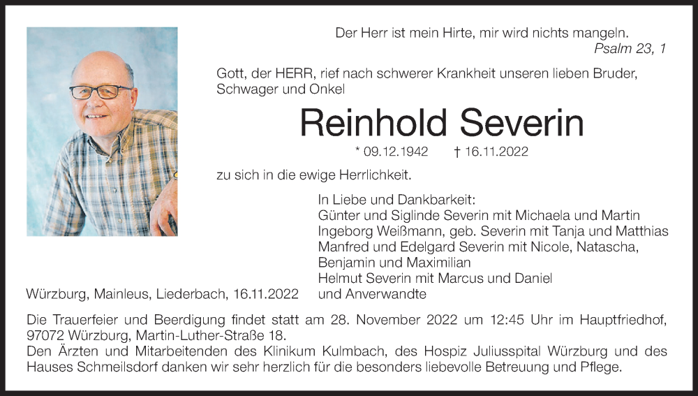  Traueranzeige für Reinhold Severin vom 26.11.2022 aus MGO