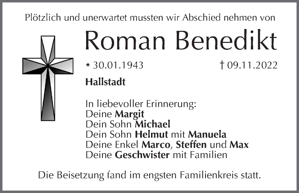 Traueranzeige für Roman Benedikt vom 26.11.2022 aus MGO
