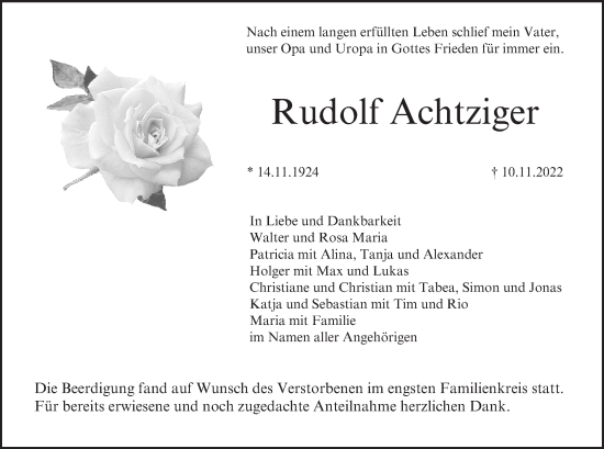 Anzeige von Rudolf Achtziger von MGO