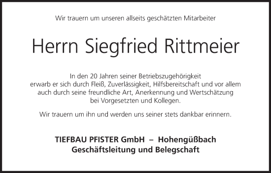 Anzeige von Siegfried Rittmeier von MGO