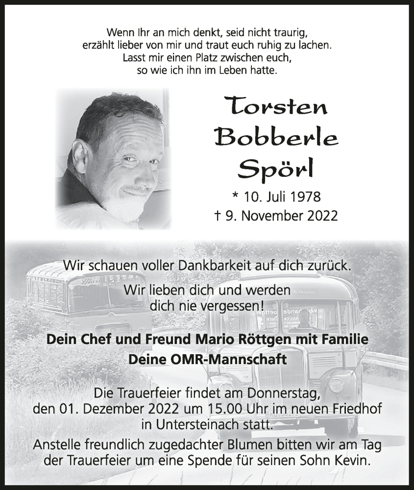  Traueranzeige für Torsten Bobberle Spörl vom 26.11.2022 aus MGO
