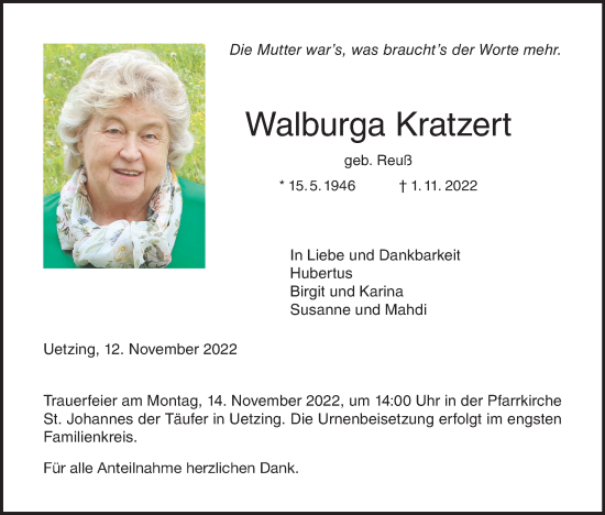 Anzeige von Walburga Kratzert von MGO
