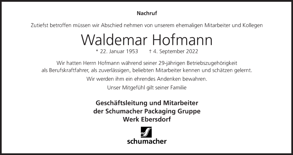  Traueranzeige für Waldemar Hofmann vom 19.11.2022 aus MGO