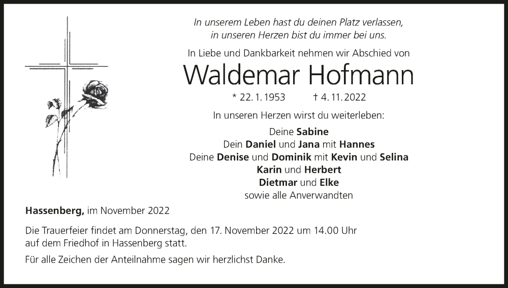  Traueranzeige für Waldemar Hofmann vom 12.11.2022 aus MGO