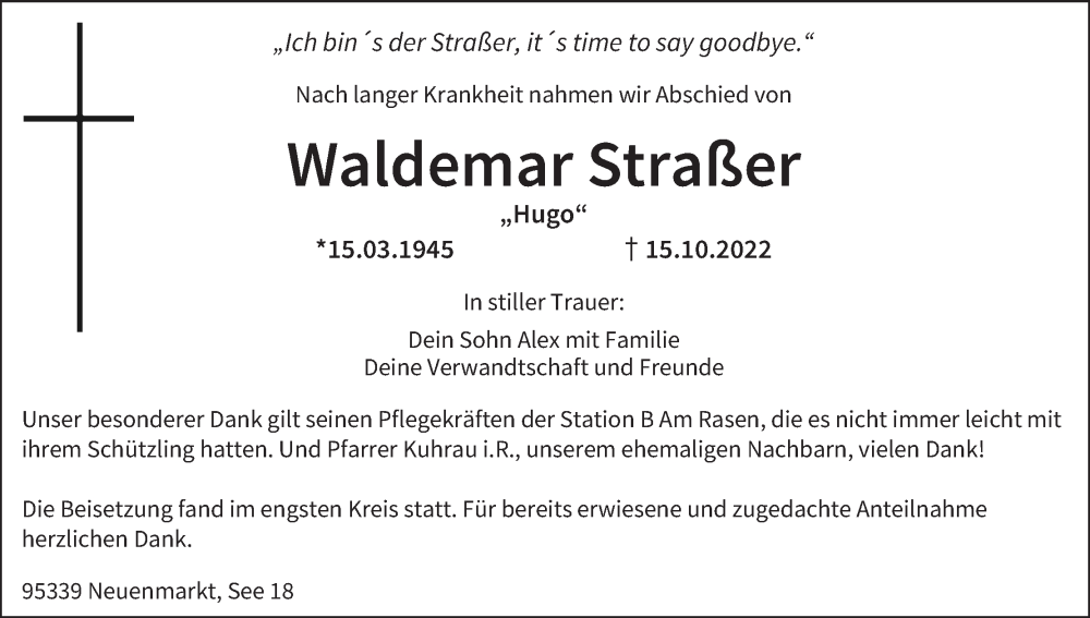  Traueranzeige für Waldemar Straßer vom 12.11.2022 aus MGO