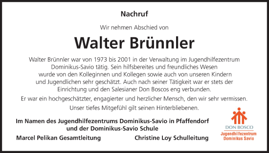 Anzeige von Walter Brünnler von MGO