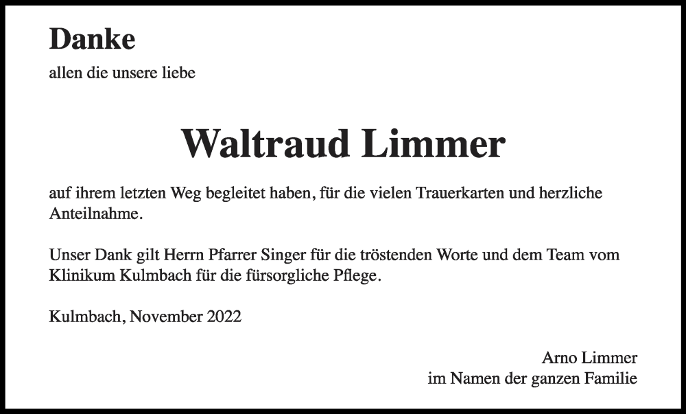  Traueranzeige für Waltraud Limmer vom 26.11.2022 aus MGO
