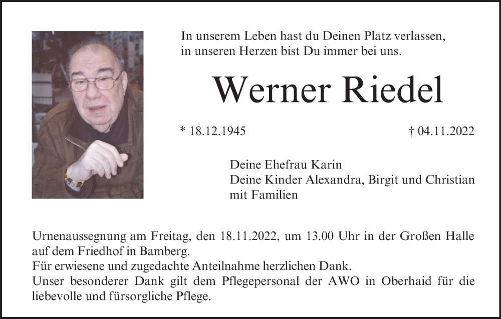  Traueranzeige für Werner Riedel vom 12.11.2022 aus MGO