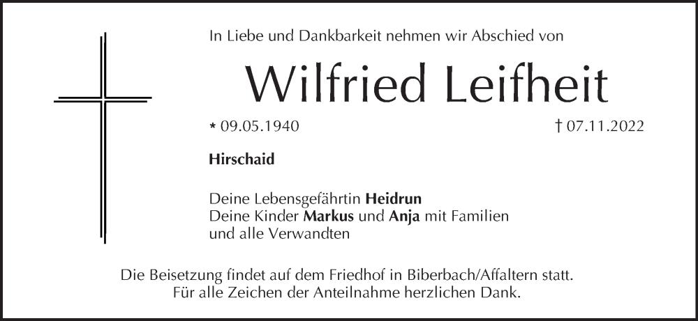  Traueranzeige für Wilfried Leifheit vom 12.11.2022 aus MGO