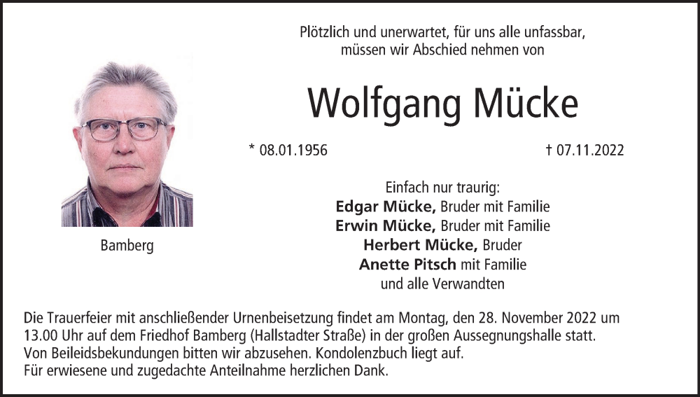  Traueranzeige für Wolfgang Mücke vom 26.11.2022 aus MGO