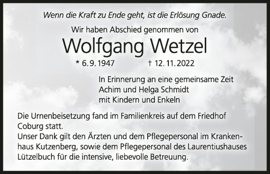 Anzeige von Wolfgang Wetzel von MGO