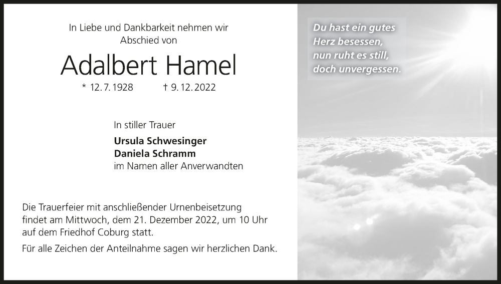  Traueranzeige für Adalbert Hamel vom 17.12.2022 aus MGO