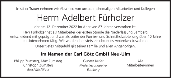 Anzeige von Adelbert Fürholzer von MGO