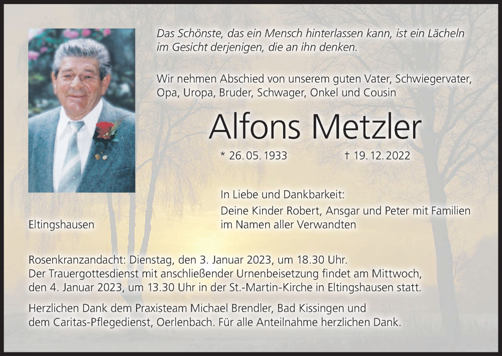  Traueranzeige für Alfons Metzler vom 31.12.2022 aus MGO