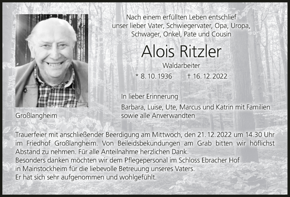  Traueranzeige für Alois Ritzler vom 20.12.2022 aus MGO