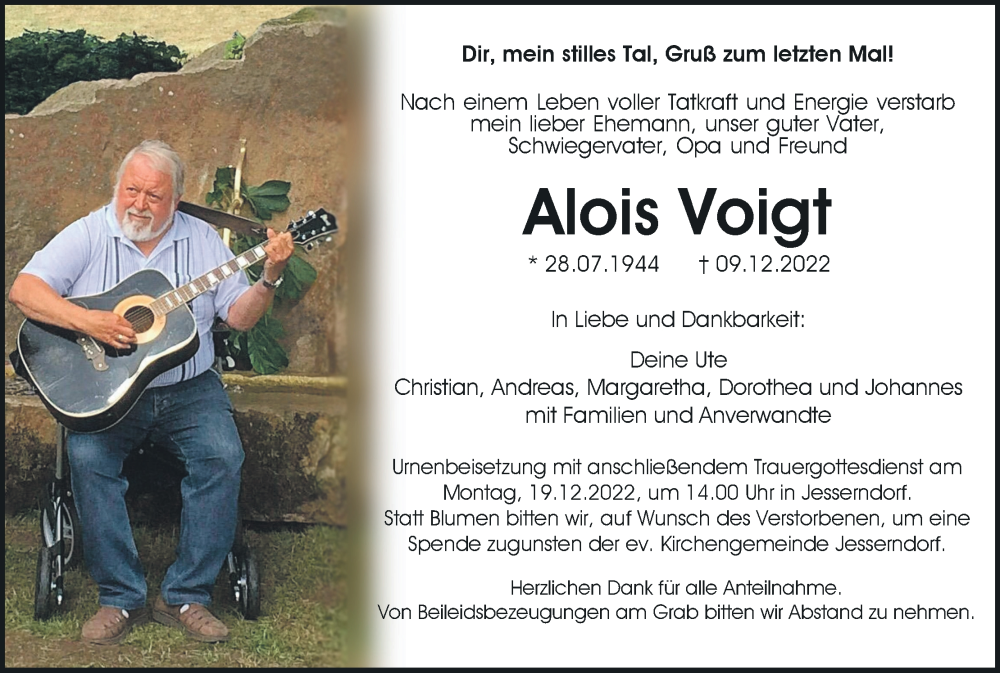  Traueranzeige für Alois Voigt vom 16.12.2022 aus MGO