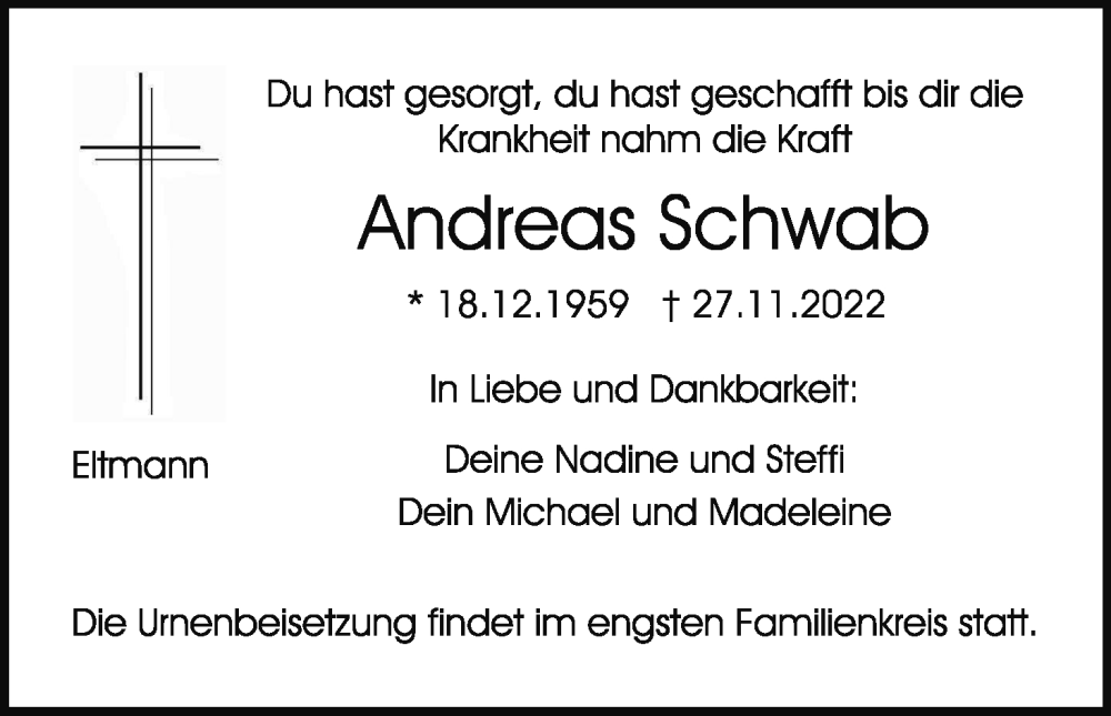  Traueranzeige für Andreas Schwab vom 30.11.2022 aus MGO