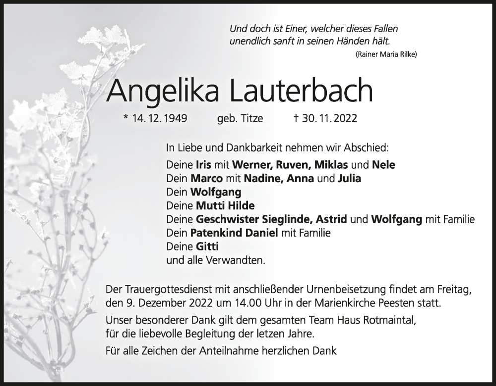  Traueranzeige für Angelika Lauterbach vom 06.12.2022 aus MGO