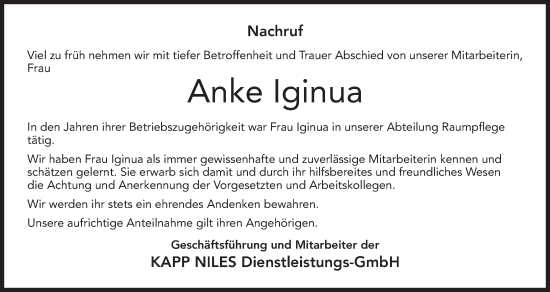 Anzeige von Anke Iginua von MGO