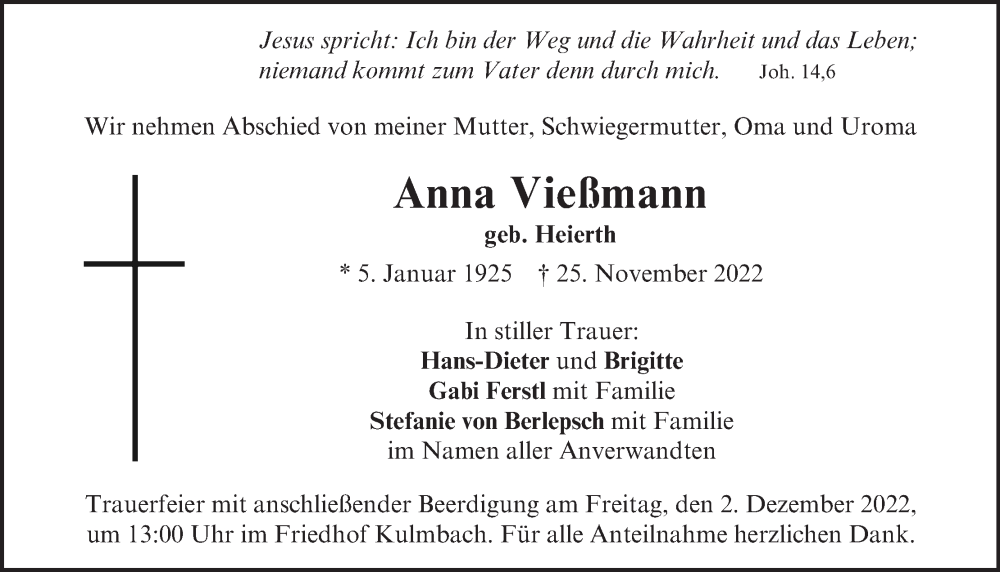  Traueranzeige für Anna Vießmann vom 30.11.2022 aus MGO