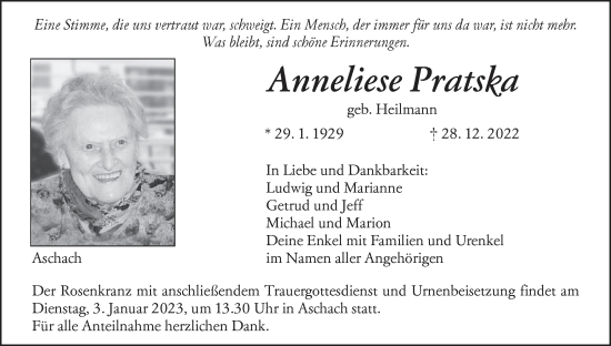 Anzeige von Anneliese Pratska von MGO